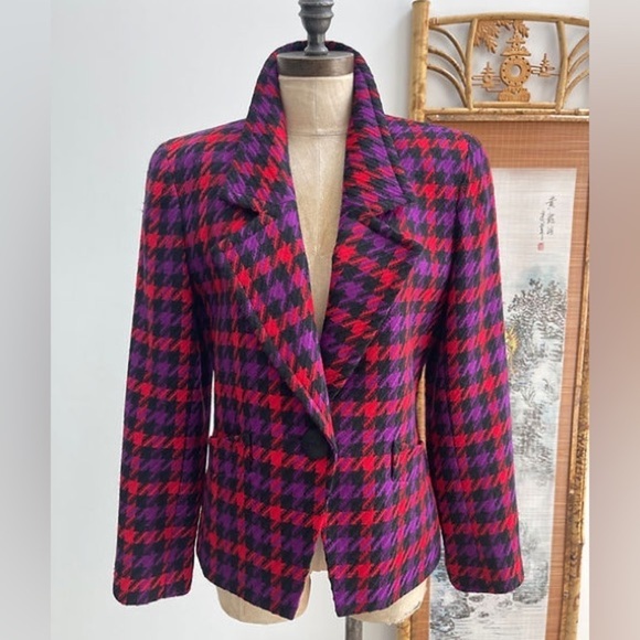 Vintage Albert Nipon Wool Houndstooth Blazer Purple Red Black Womens Sz 12 80s - Picture 1 of 16